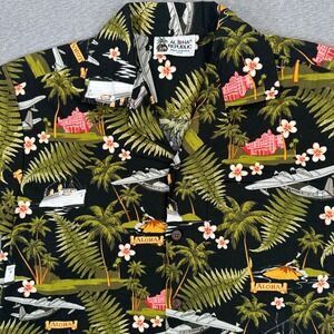 VTG Aloha Republic Hawaiian Shirt Mens Small Black Tropical Seaplane Cruise Ship
